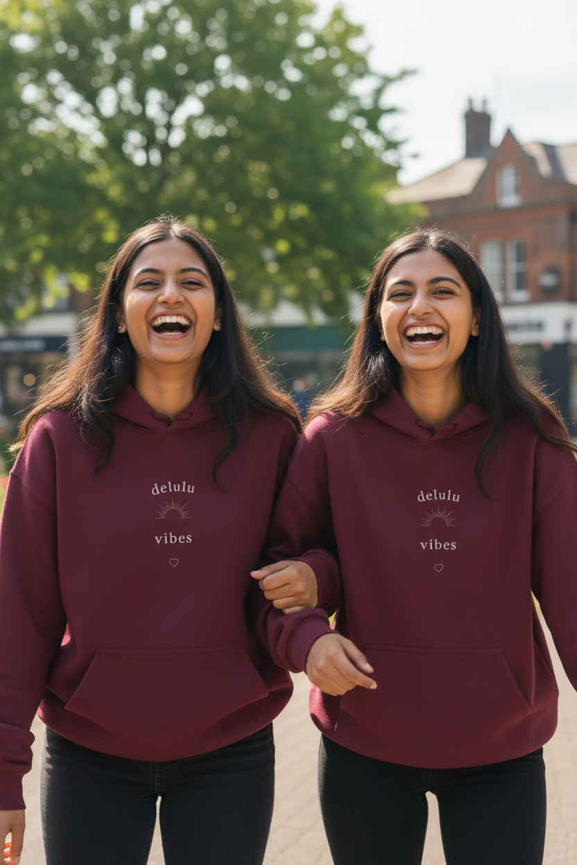 Maroon hoodies with drawstring hoods and small chest slogan print