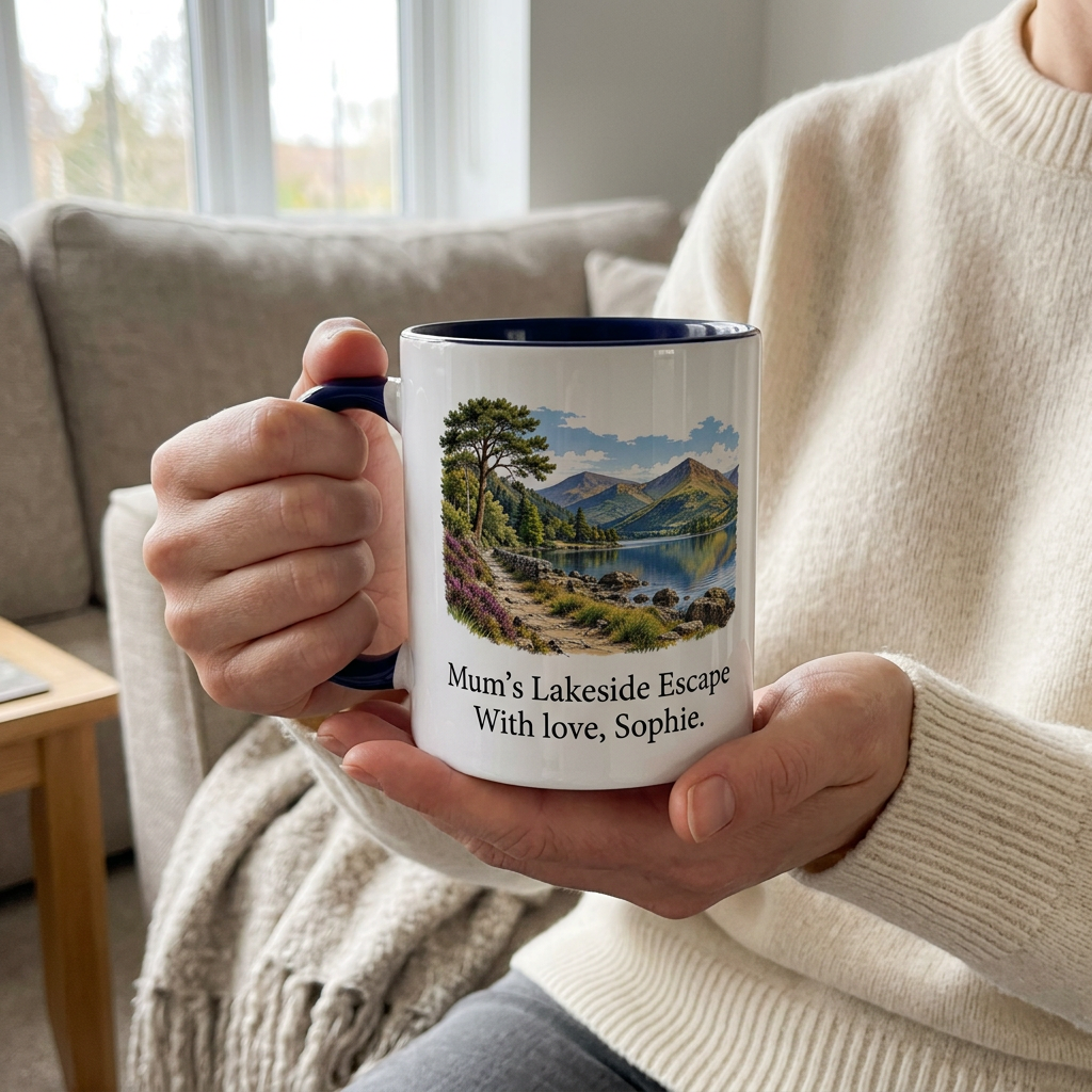 Candid personalised mug held while relaxing on a sofa