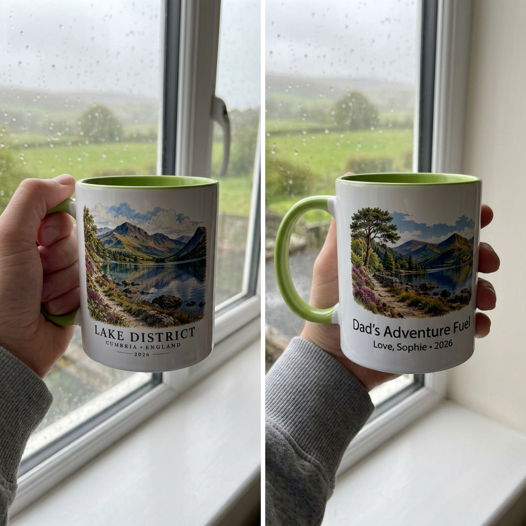 Candid UGC-style views of both sides of the green Lake District mug held by a cottage window