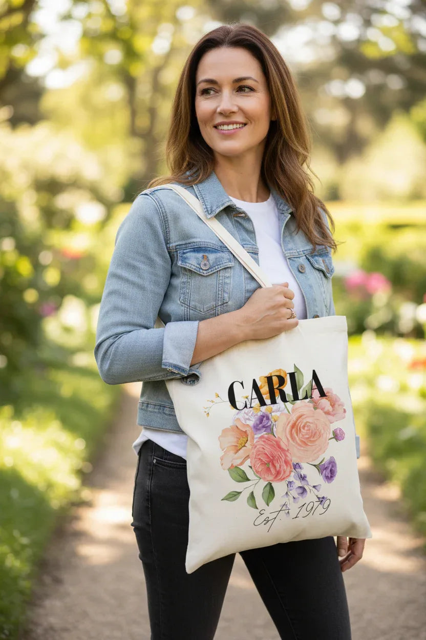 Personalised Floral Tote Bag | Custom Name, Text & Date | Choose Rose Colours | Eco Gift - Alley Crafters