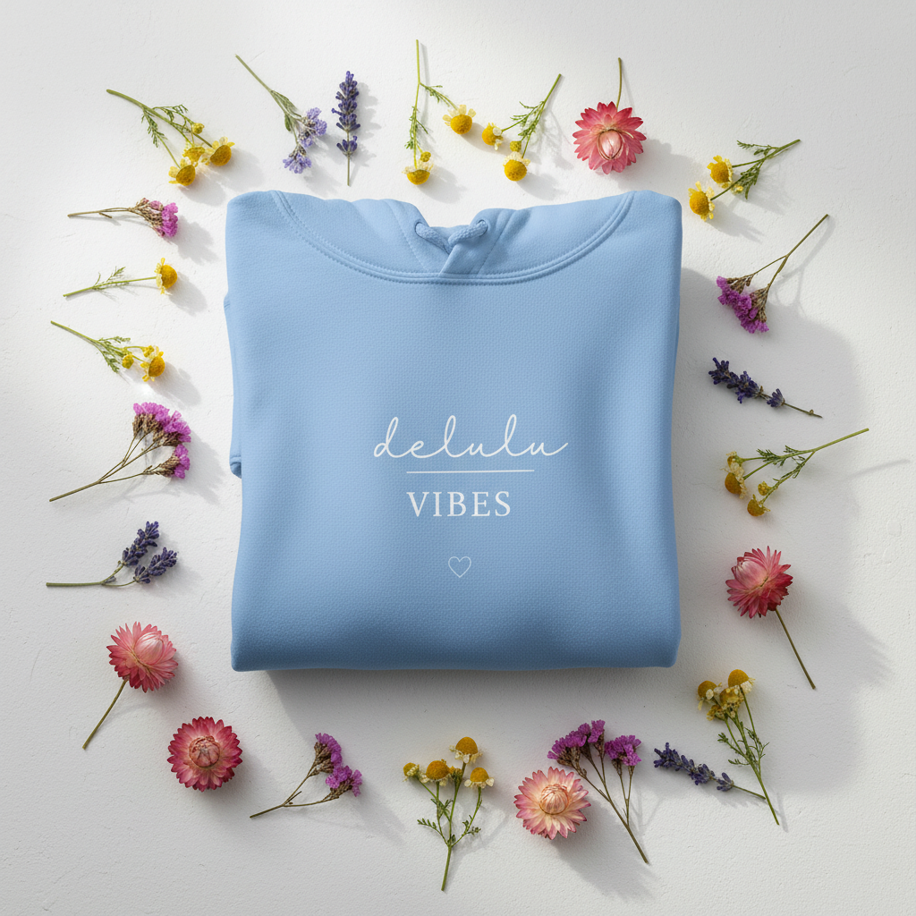 Light blue hoodie with drawstring hood and “delulu vibes” slogan with small heart