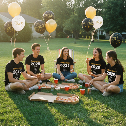 Casual circle at graduation party with pizza
