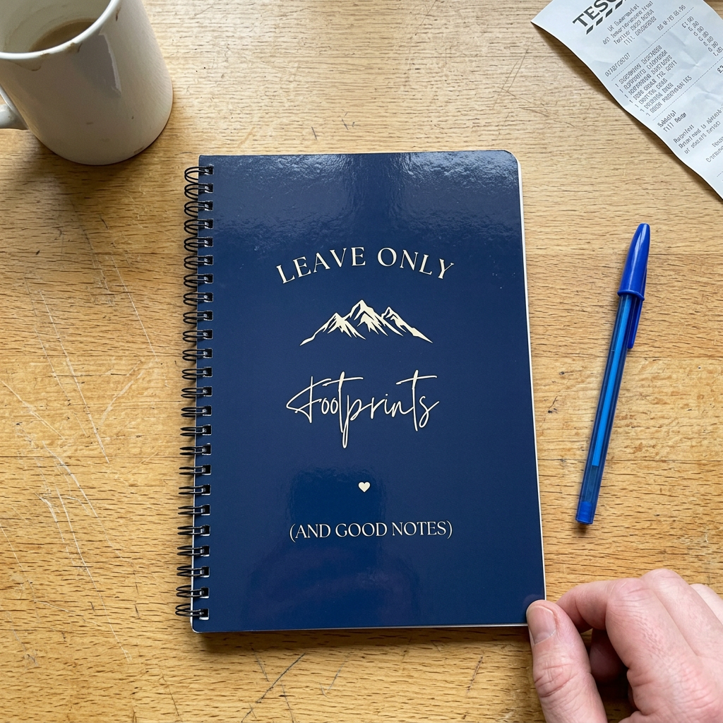 A5 hiking notebook with blue cover, spiral binding, footprints and mountain lettering