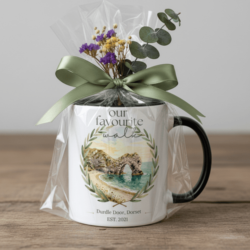 Wrapped gift mug with black handle, “our favourite walk” wreath design for Durdle Door