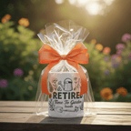 Personalised Retired Time to Garden mug in clear bag with orange ribbon