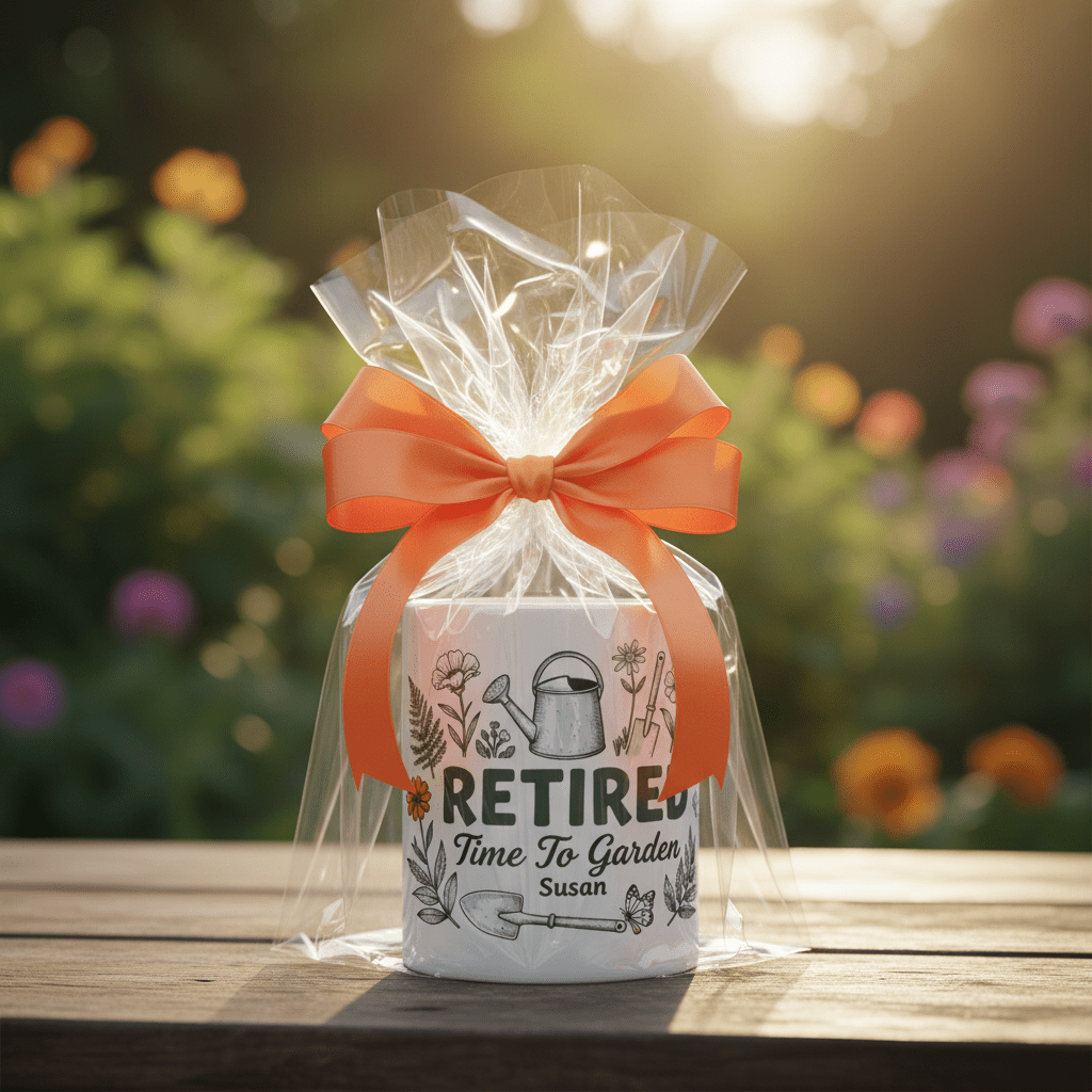 Personalised Retired Time to Garden mug in clear bag with orange ribbon