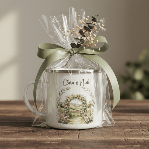 Gift-wrapped enamel wedding mug with floral arch design, tied with green ribbon