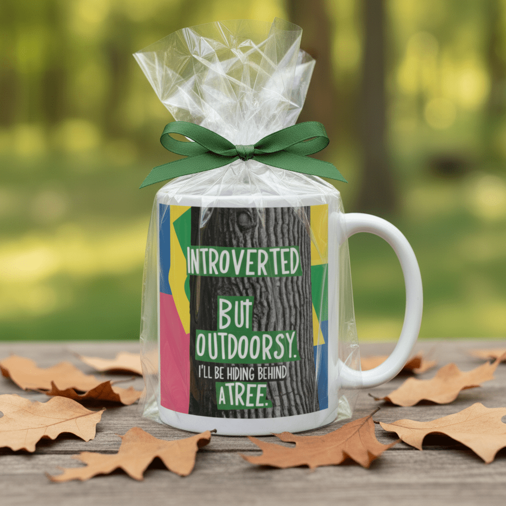 Wrapped white gift mug with green “Introverted” and “Outdoorsy” text graphic.