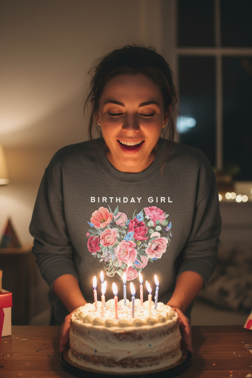 Dark gray sweatshirt with “BIRTHDAY GIRL” text and colorful floral heart graphic
