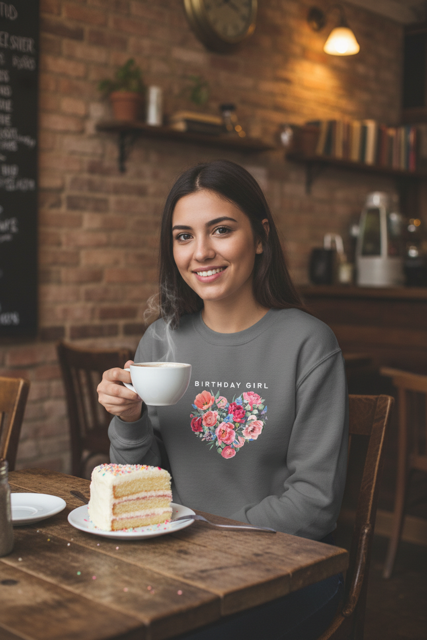 Gray crewneck sweatshirt with “Birthday Girl” text and floral heart design on chest