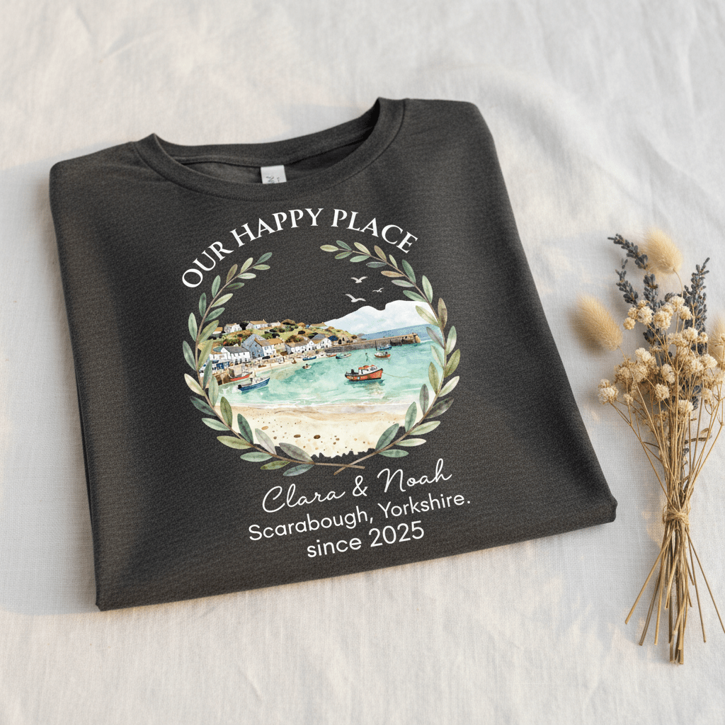 Black T-shirt with scenic landscape wreath and “Lara & Noah” since 2025