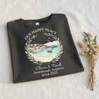 Black T-shirt with scenic landscape wreath and “Lara & Noah” since 2025