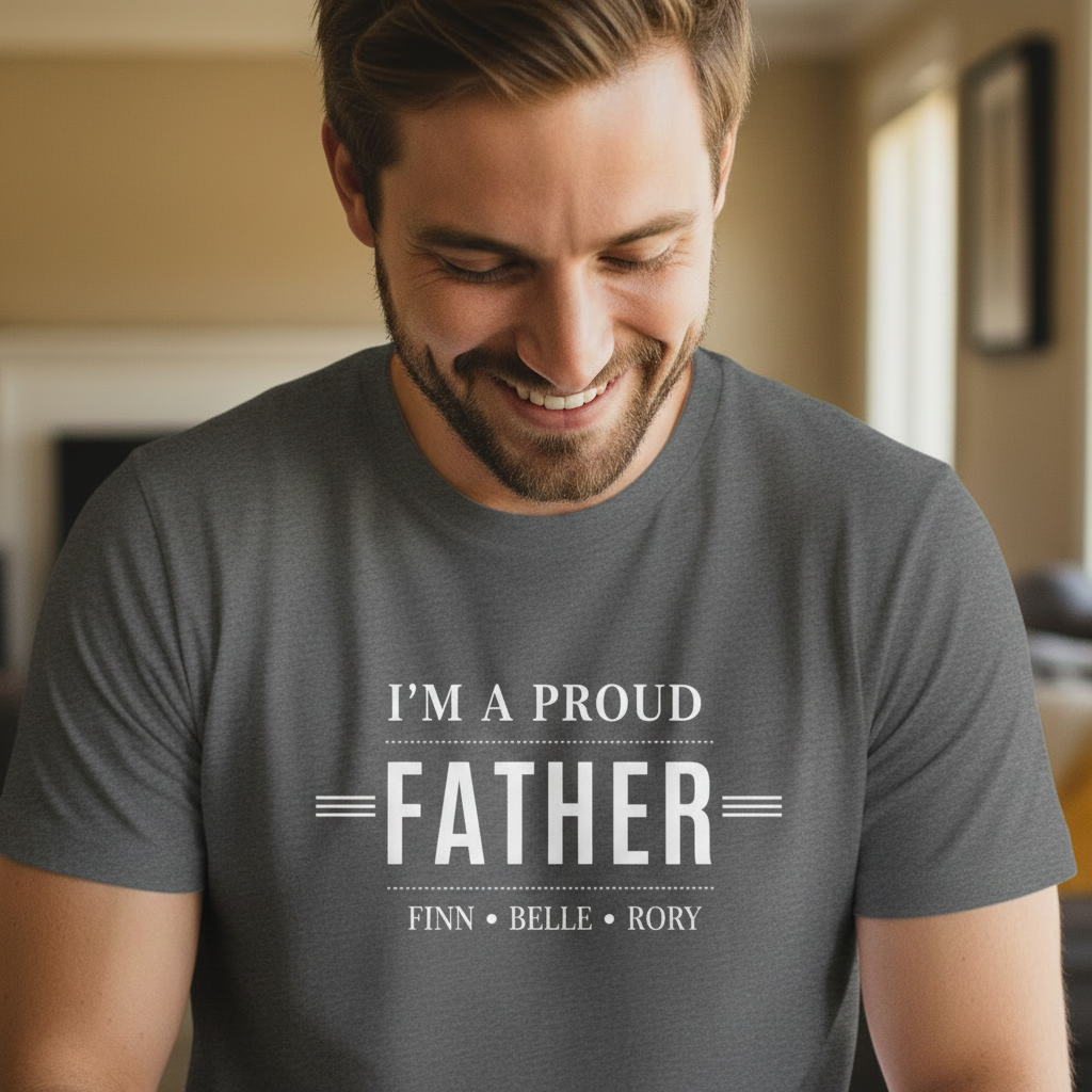 Gray dad T-shirt with 'I'M A PROUD FATHER' graphic and names FINN • BELLE • RORY