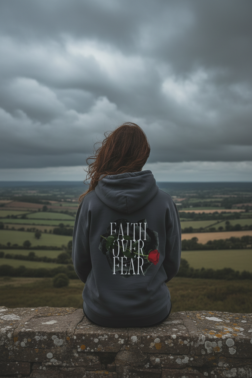 Charcoal unisex hoodie with Faith Over Fear back graphic, hood and kangaroo pocket