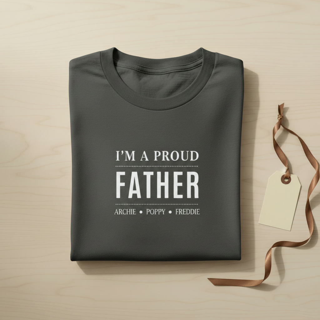 Black dad T-shirt with 'I'M A PROUD FATHER' graphic and names ARCHIE • POPPY • FREDDIE