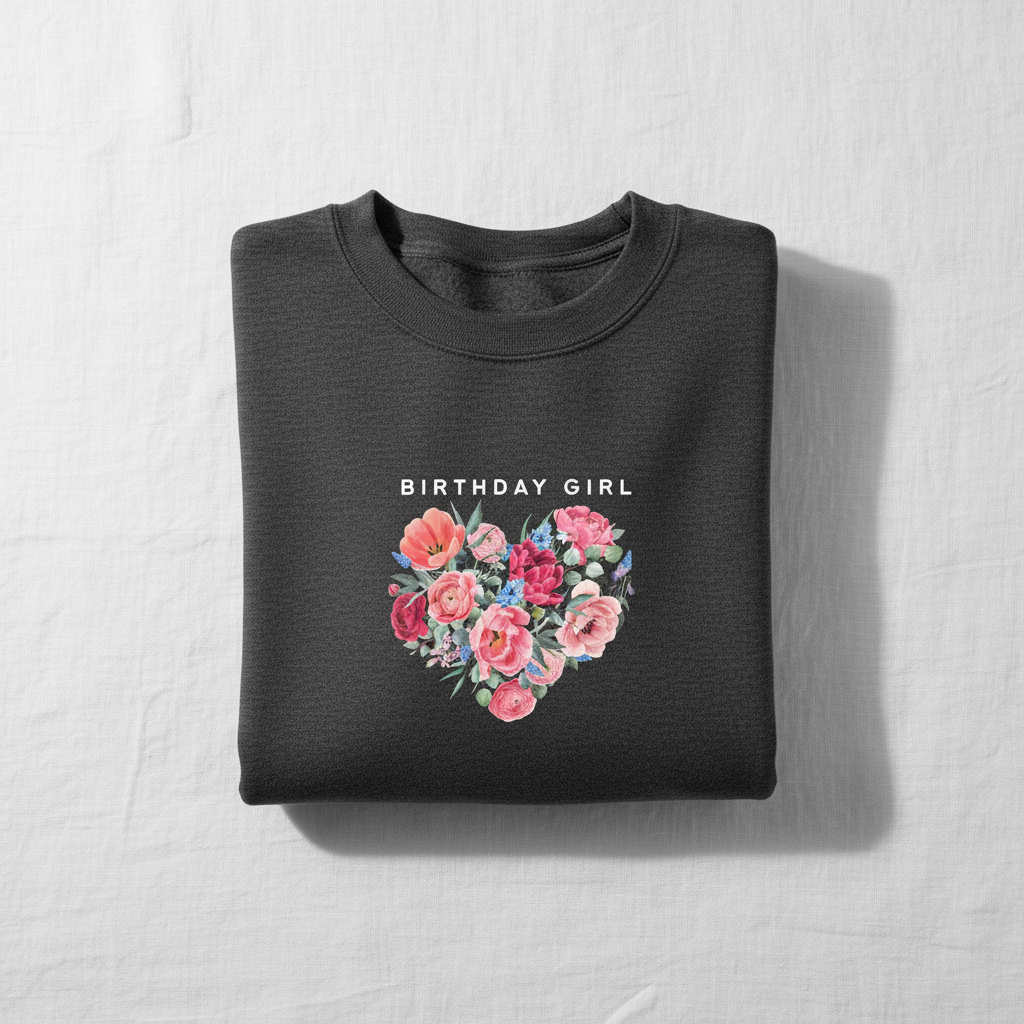 Dark gray crewneck sweatshirt with “Birthday Girl” text and pink floral heart graphic