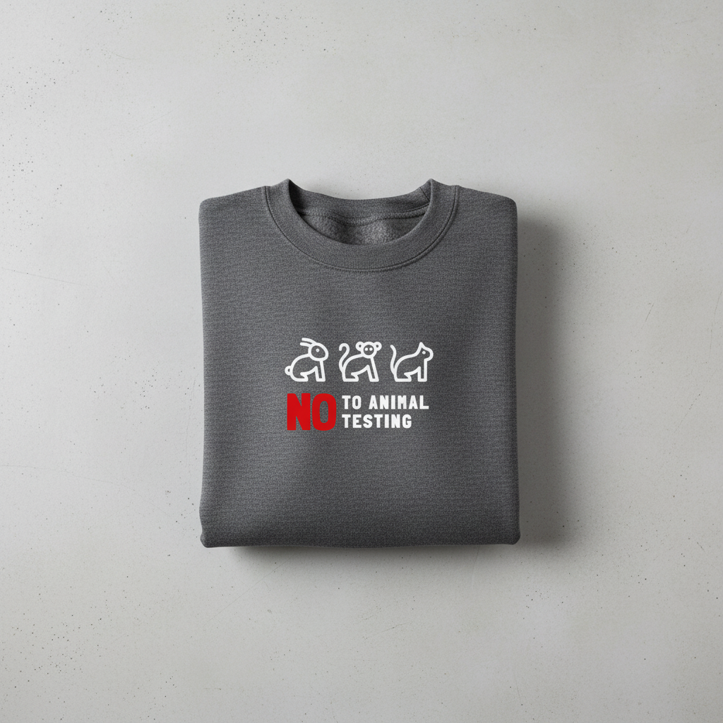Charcoal gray sweatshirt with front 'No to Animal Testing' graphic, crew neck.