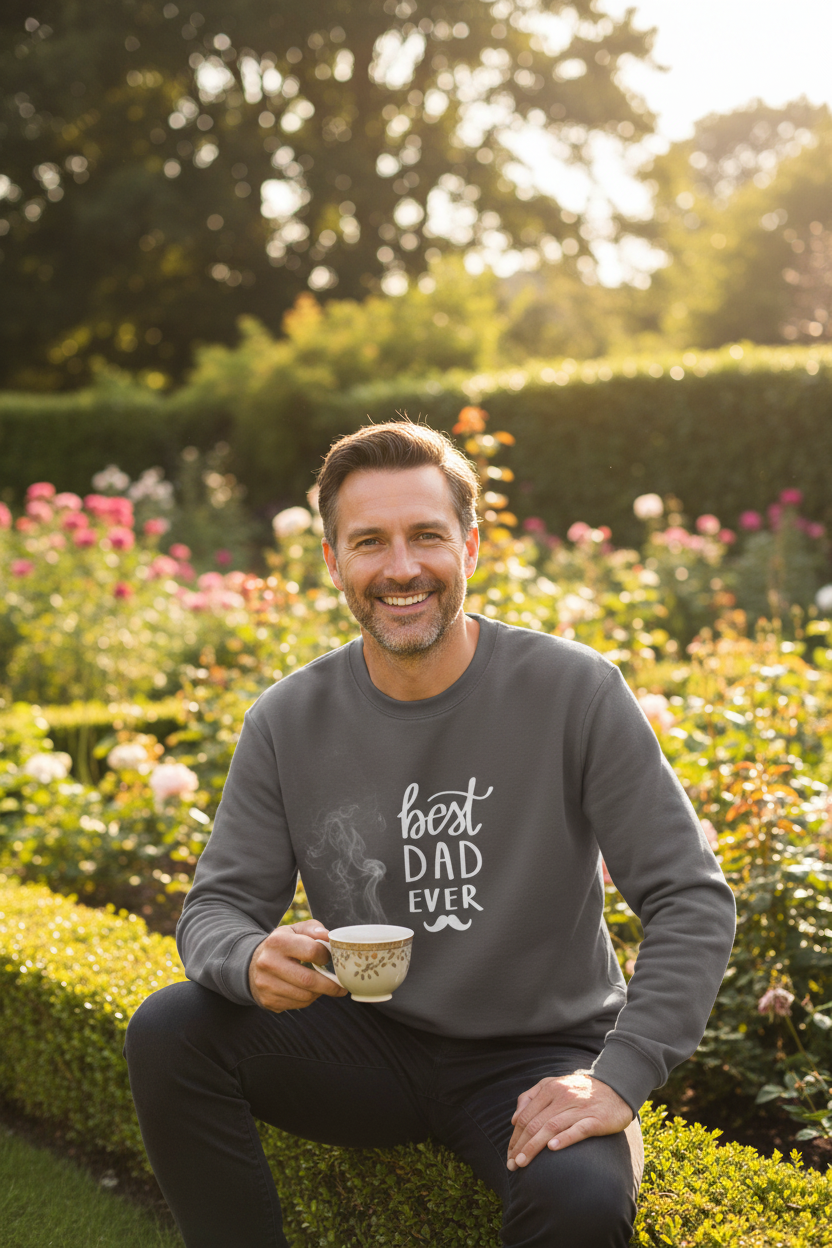 Charcoal crewneck sweatshirt with white 'best DAD ever' print, worn by man in garden