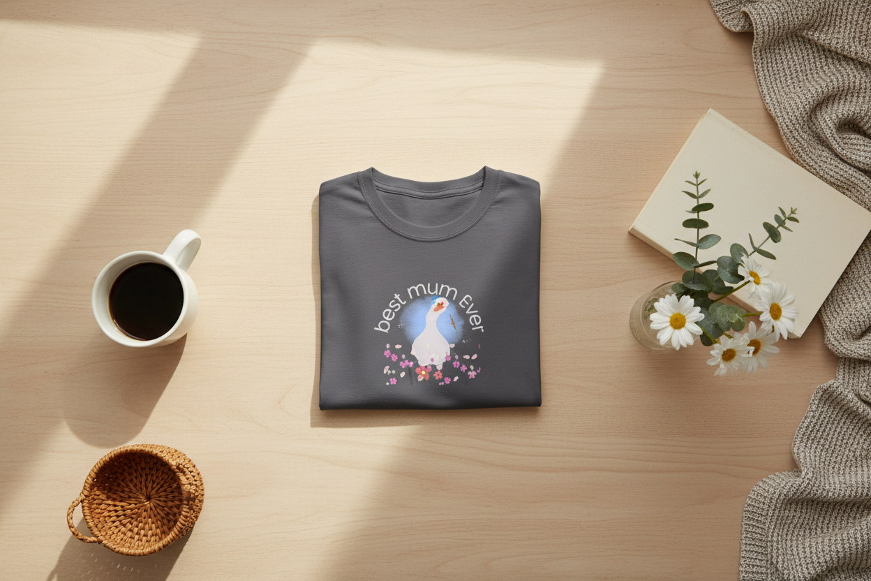 Charcoal grey duck t-shirt flat lay