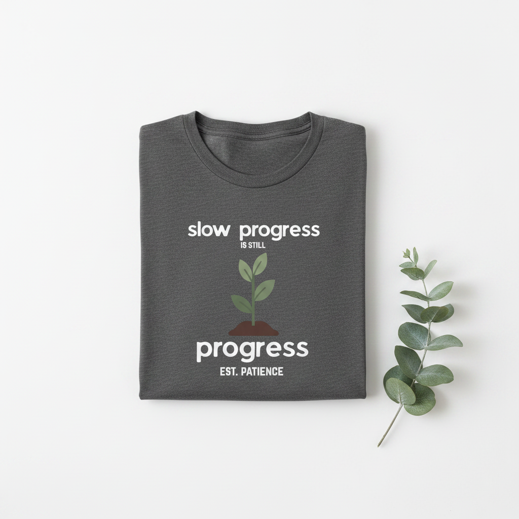 Charcoal gray T-shirt with "slow progress" slogan and minimal plant graphic, crew neck.