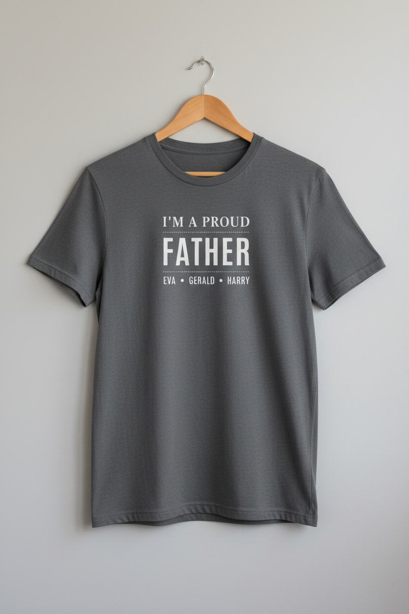 Charcoal T-shirt on hook with "I'm a Proud Father" and names EVA, GERALD, HARRY