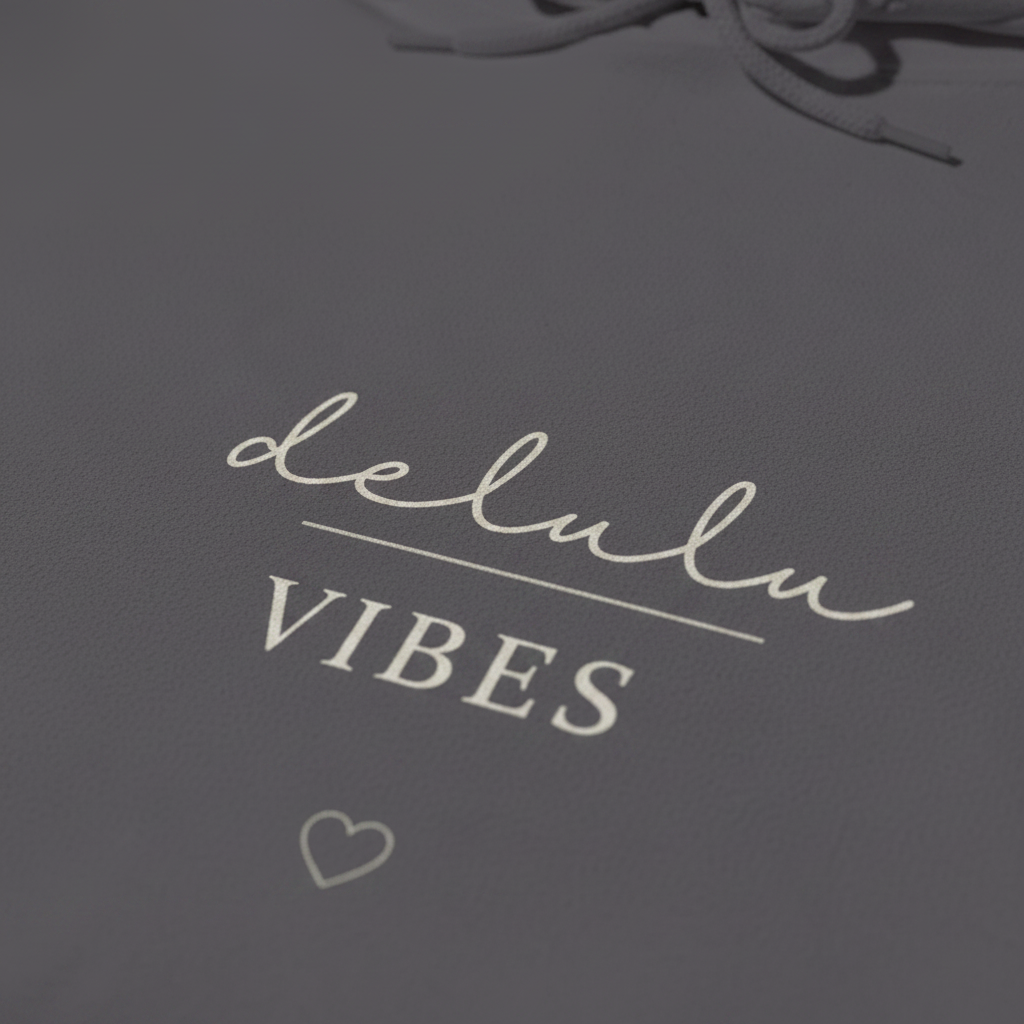 Charcoal hoodie fabric with “delulu VIBES” logo print and small heart detail