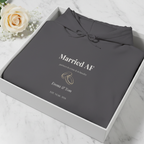 Charcoal couples hoodie with printed “Married AF” and ring graphic on the front