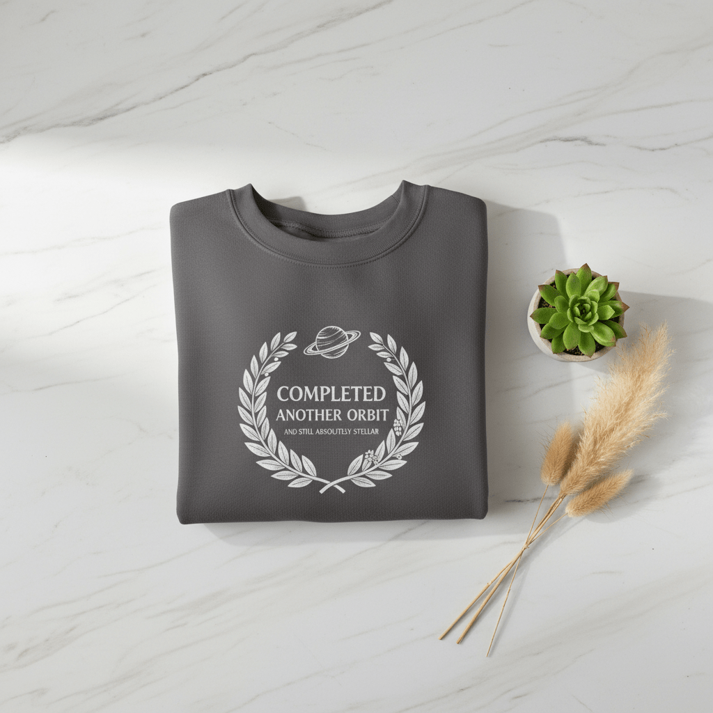 Charcoal gray sweatshirt with white 'Completed Another Orbit' wreath graphic