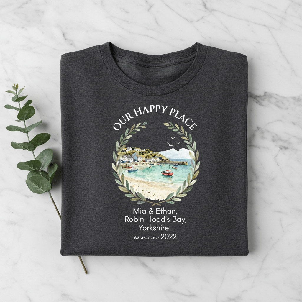 Charcoal T-shirt with scenic landscape wreath and “Mia & Ethan” since 2022
