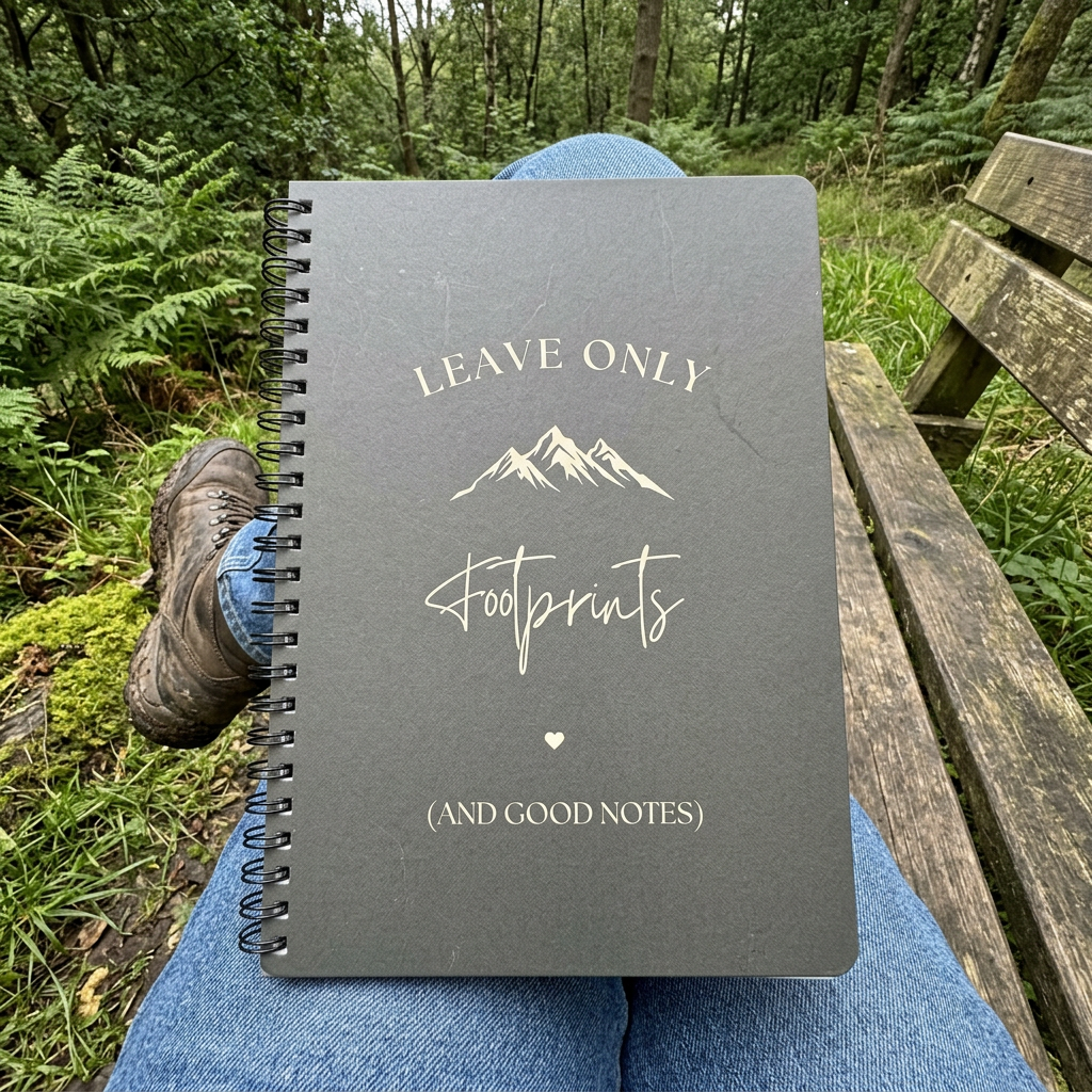 A5 hiking notebook with gray cover, spiral binding, lined pages