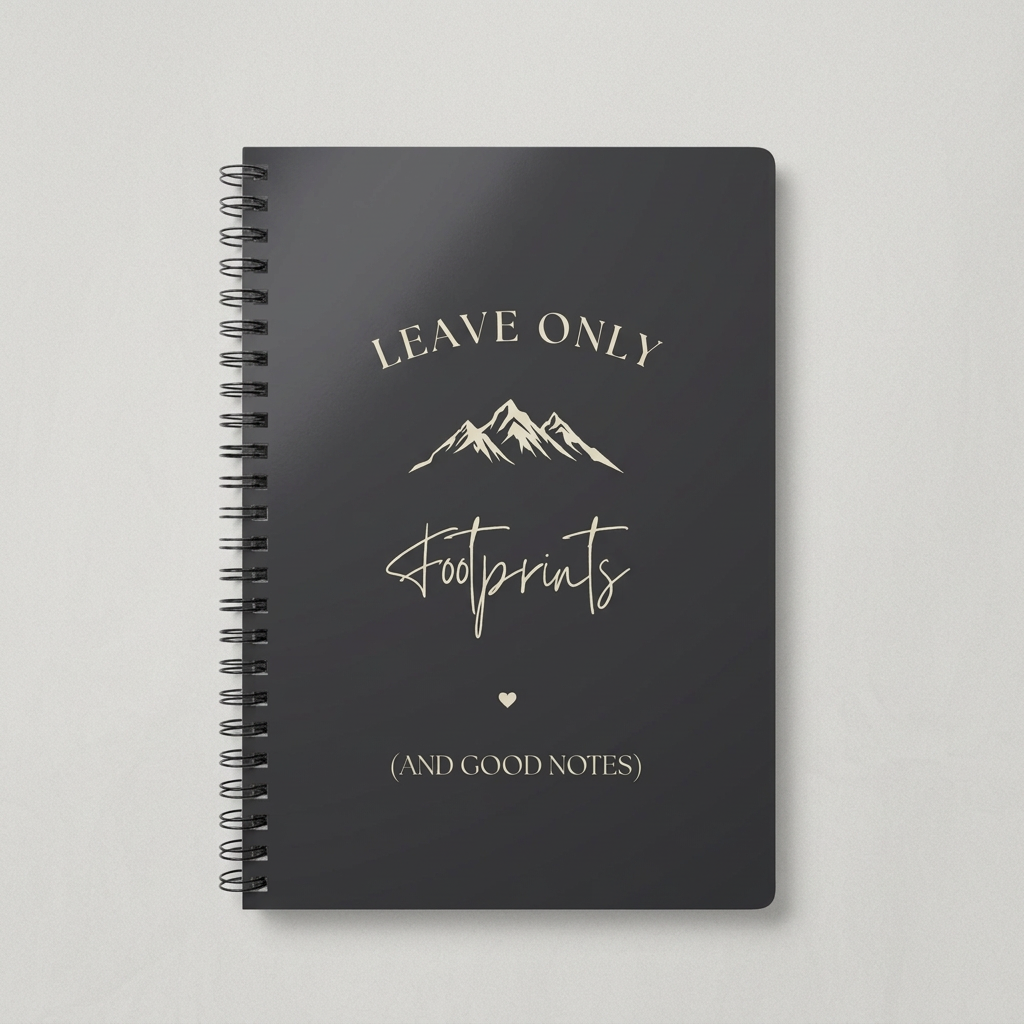 A5 hiking notebook, dark charcoal cover with mountain and footprint text