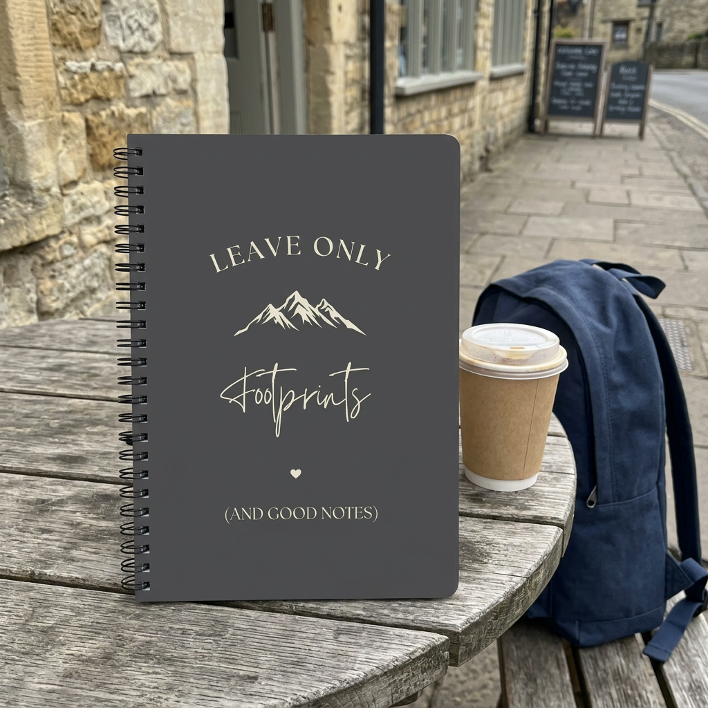 A5 hiking notebook with charcoal-gray cover, spiral binding, footprints and mountain text