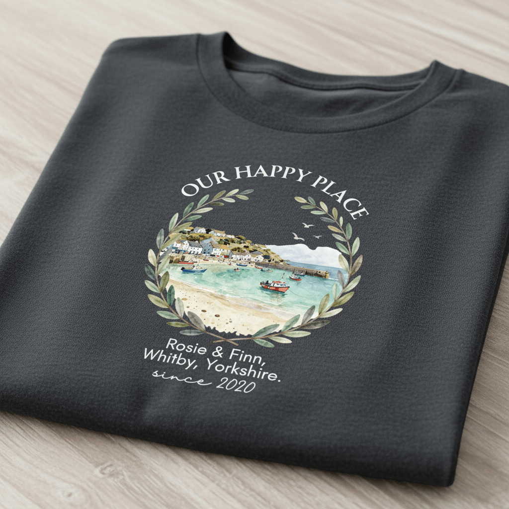 Dark gray T-shirt with scenic landscape wreath graphic and “Rosie & Finn” since 2020