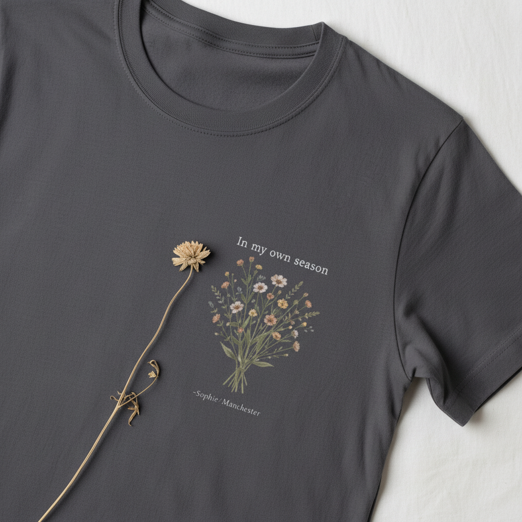 Dark gray T-shirt with small botanical bouquet graphic and centered text