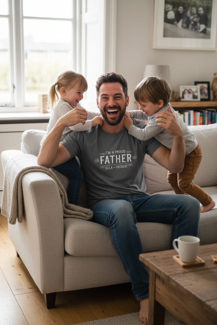 Gray dad T-shirt with 'I'M A PROUD FATHER' graphic