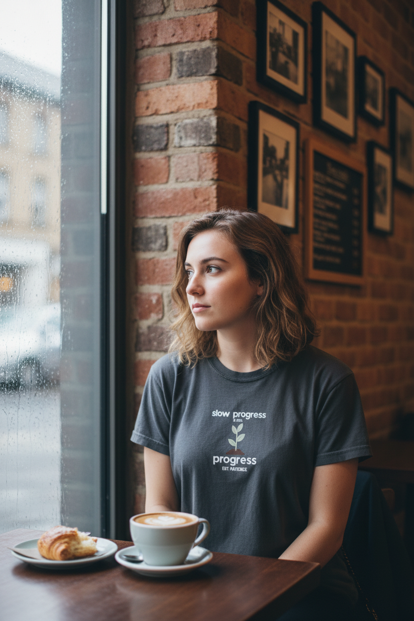 Dark gray motivational t-shirt with green plant and “progress EST. PATIENCE” slogan print
