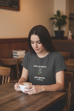 Dark gray motivational t-shirt with green plant and “slow progress” slogan print