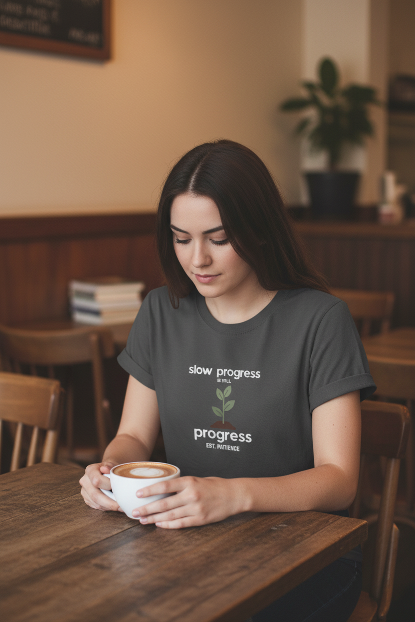 Dark gray motivational t-shirt with green plant and “slow progress” slogan print