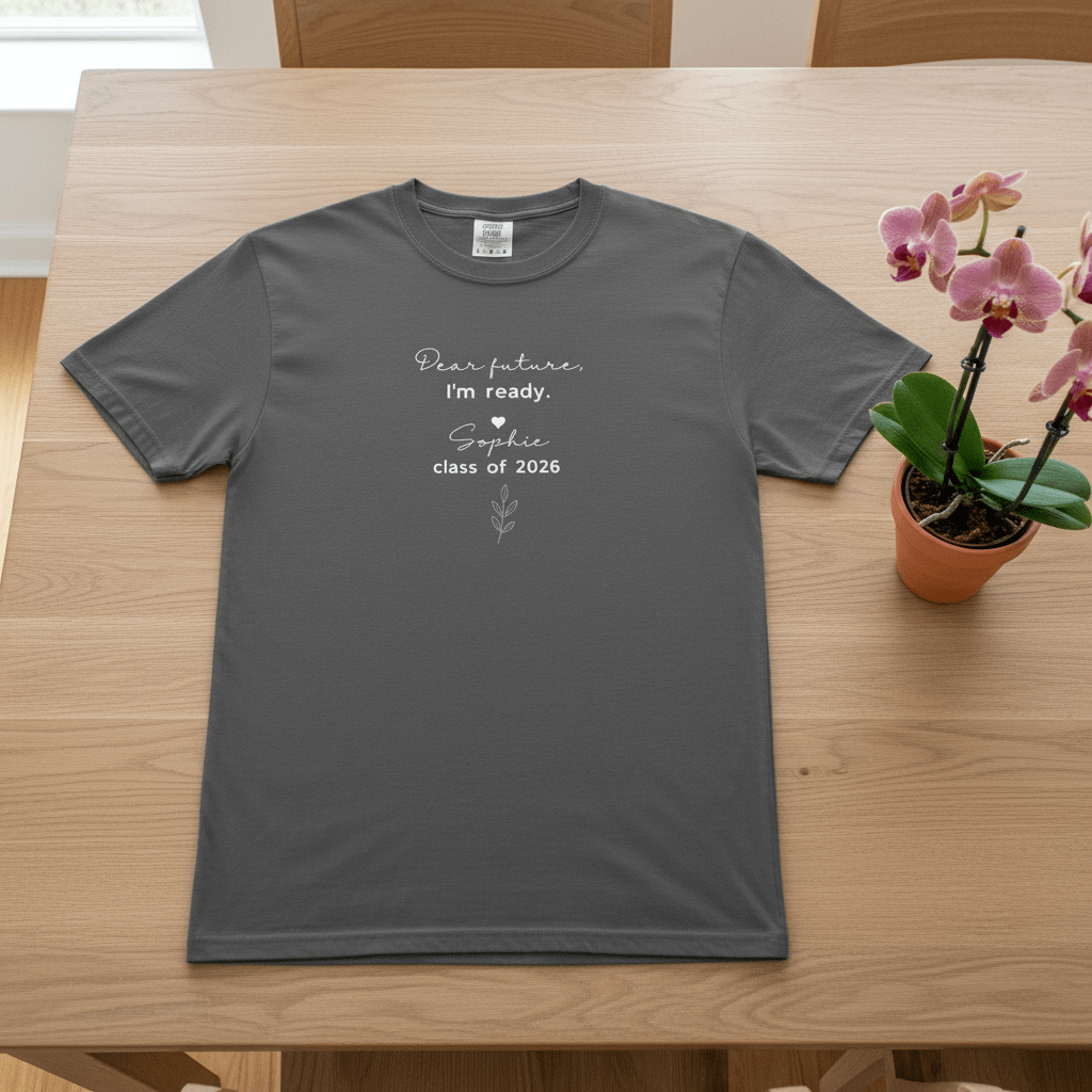 Dark gray graduation T-shirt with 'Dear future, I'm ready' and class of 2026 graphic