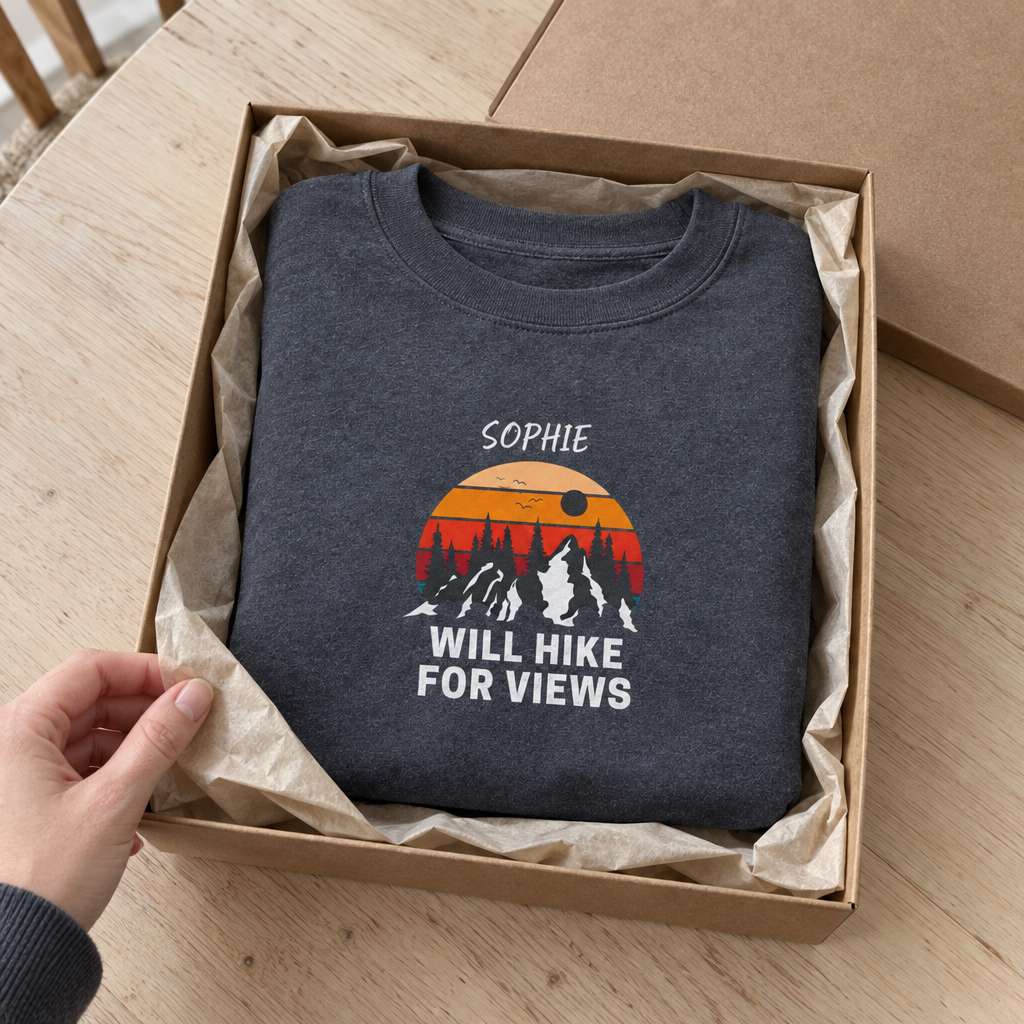 Charcoal Will Hike for Views sweatshirt gift mockup with Sophie