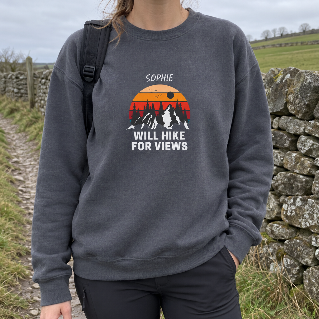 Charcoal Will Hike for Views sweatshirt with Sophie