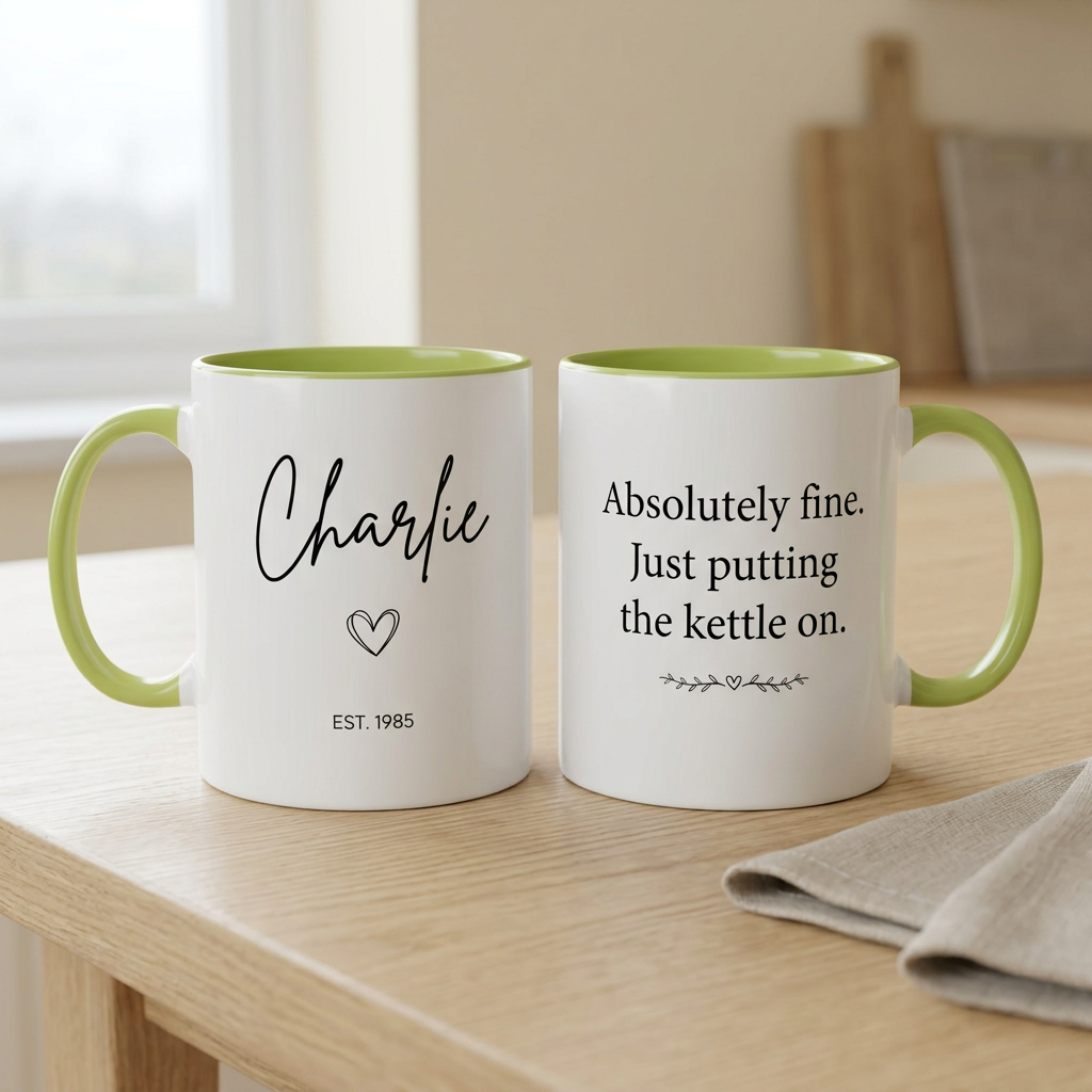 Charlie EST. 1985 green mug with a funny British kettle quote