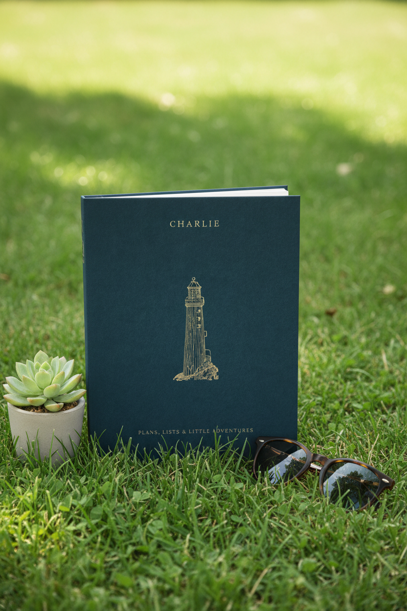 Blue A5 notebook with CHARLIE name and lighthouse illustration in grass.