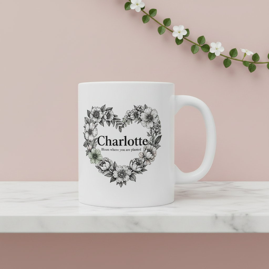 White ceramic mug with floral heart wreath and name Charlotte, printed front
