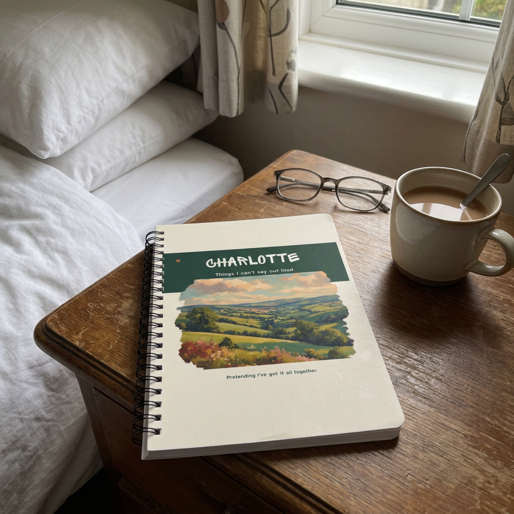 Charlotte countryside notebook on a bedside table