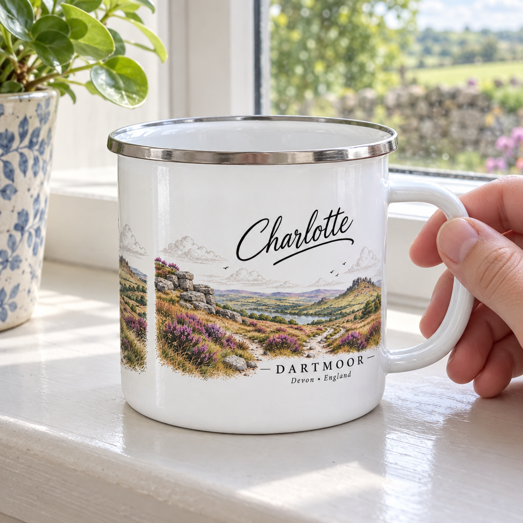 Personalised enamel camping mug, white with Dartmoor landscape and name Charlotte