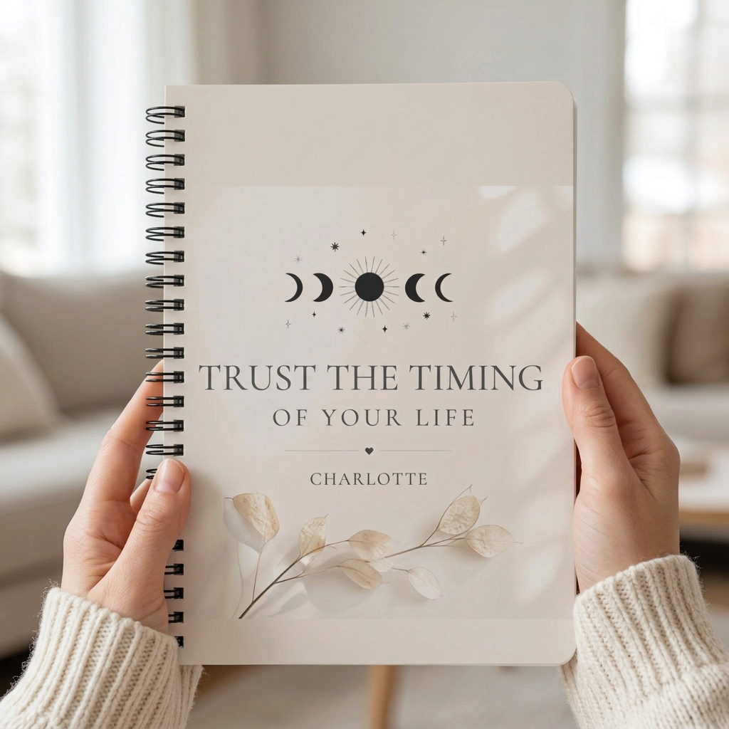 Personalized A5 lined notebook held in hands, beige floral quote cover and spiral binding