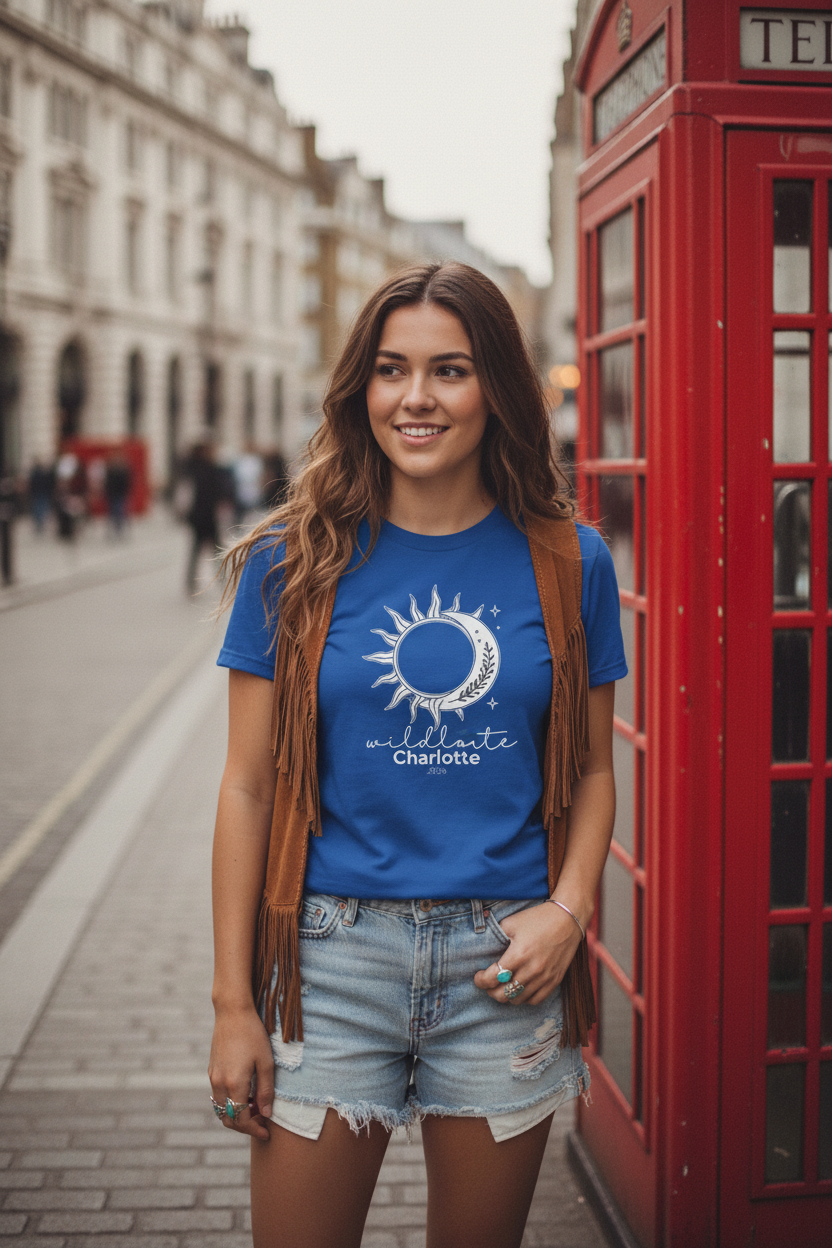 Royal blue graphic T-shirt with sun-and-moon emblem print at center.
