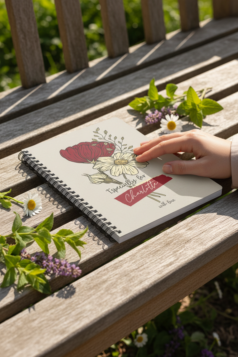 A5 floral journal notebook on wooden bench, hand resting on beige floral cover