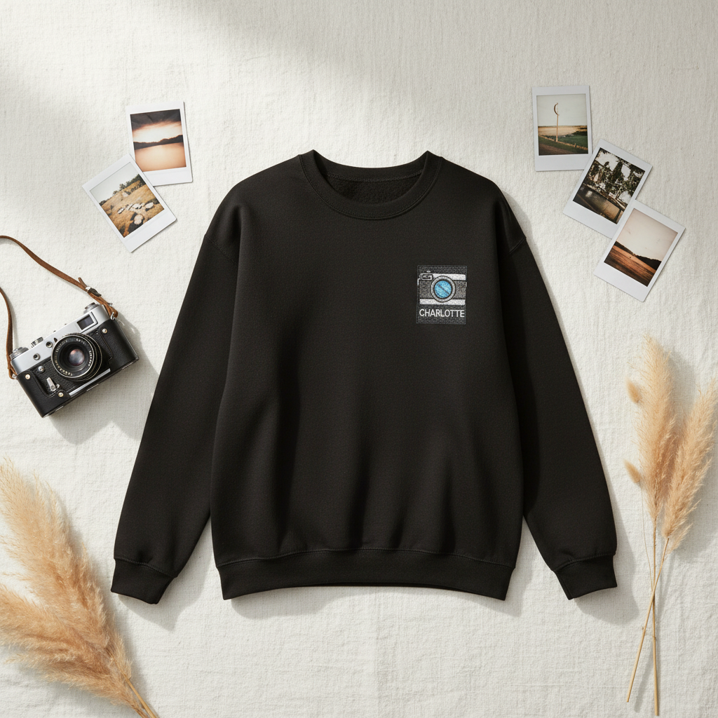 Black sweatshirt with embroidered camera patch and CHARLOTTE name